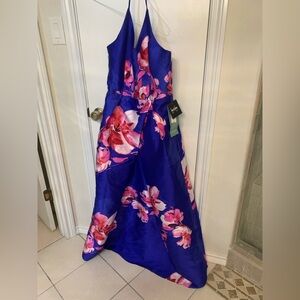 NWT By & By Blue Pink Floral Flowy Maxi Halter Gown Thin Cross Straps Size 11